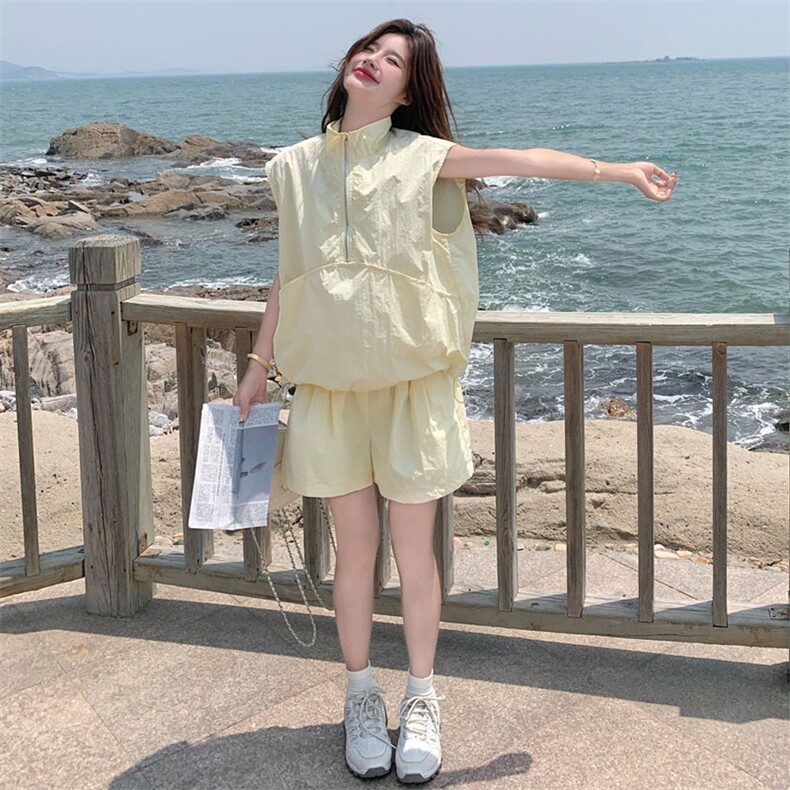 甜美复古工装奶黄色短裤套装女夏季独特绝美小个子今年流行两件套,女装套装/套裙,2D143