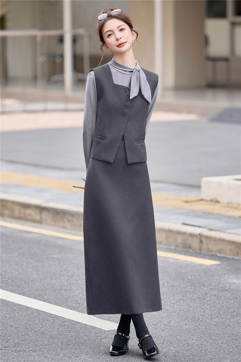 轻熟风通勤职业套装裙女2025秋季蝴蝶结气质衬衫马甲半身裙三件套,女装套装/套裙,意芙