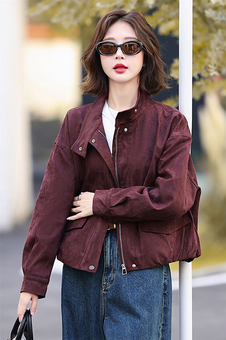 欧货百搭外套女短款2025年春季新款拉链麂皮绒蝙蝠袖显高立领上衣,女装短外套,木子恋