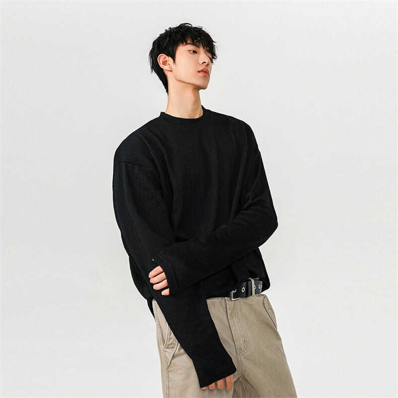 重磅老钱风提花肌理感圆领长袖T恤宽松打底衫卫衣男H1056特P45，男装T恤，电商A341