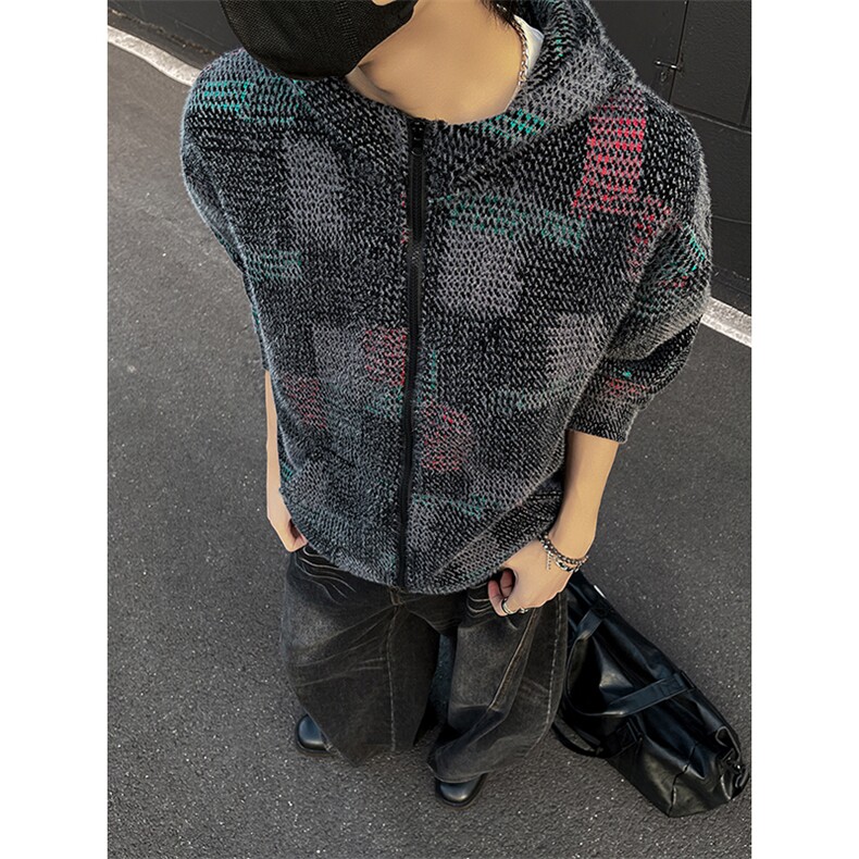 YK86136-P70美式复古针织开衫连帽卫衣男秋冬季宽松休闲彩色格子,男装卫衣,电商A086-1