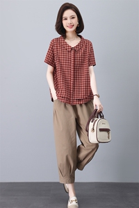 纯棉短袖衬衫女2025夏季新款中年妈妈装格子休闲宽松翻领洋气上衣图片