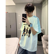 抖音得物品质二开240克宽松纯棉美式潮牌印花三条杠中性风短袖T恤，男装T恤，电商A486-1