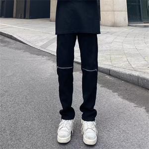 欧美vibe风高街黑色膝盖破洞拉链牛仔裤小众炸街裤子男RK3070-P39图片