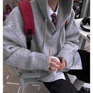996-P55 新款简约慵懒流行原宿北极绒连帽刺绣字母毛衣文艺图片