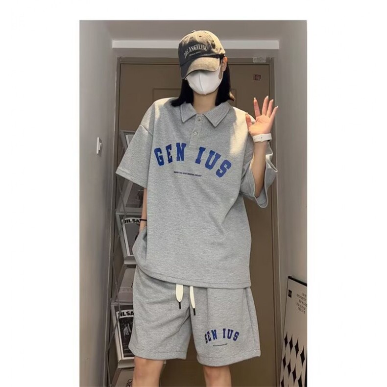 2025美式潮流POLO衫短袖男女同款夏季痞帅宽松上衣短裤套装男,男装休闲套装,星座1210-1