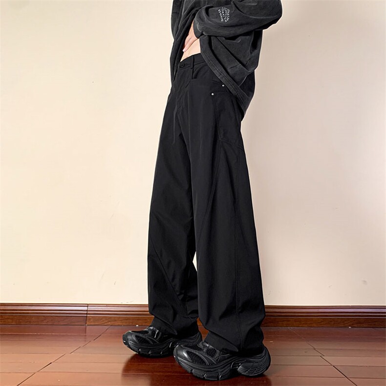 日常通勤阔腿休闲裤男复古工装风纽扣宽松纯色长裤K8539-特价P27，男装工装外套，电商A007-1