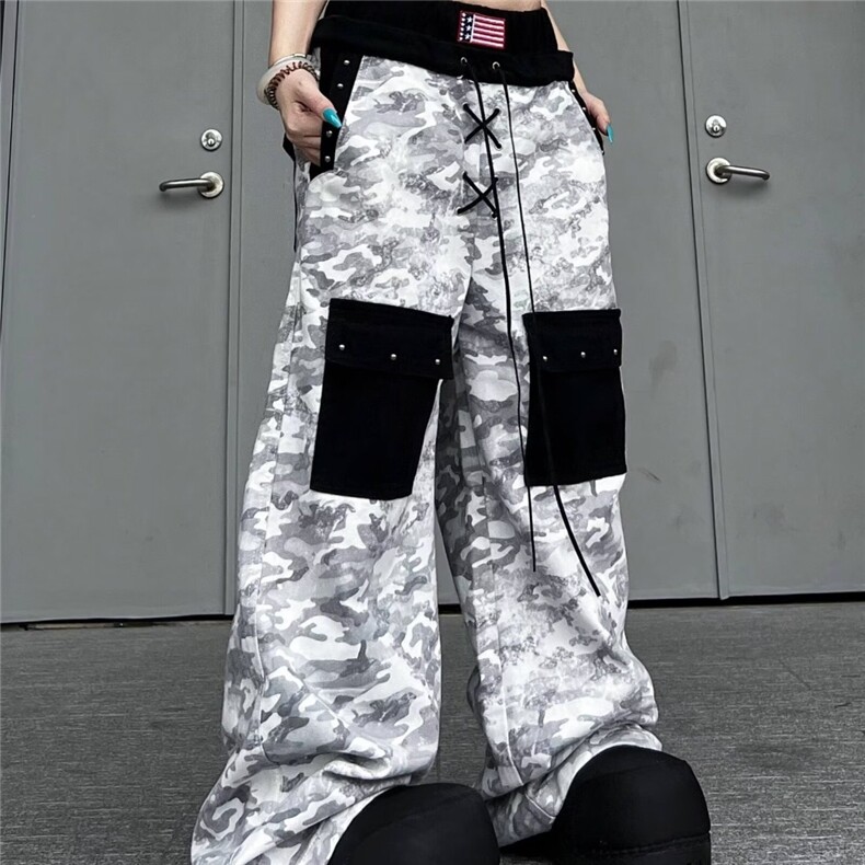 美式复古扎染印花休闲阔腿裤女新款宽松显瘦垂感高腰拖地牛仔长裤,男装休闲裤,星座506A