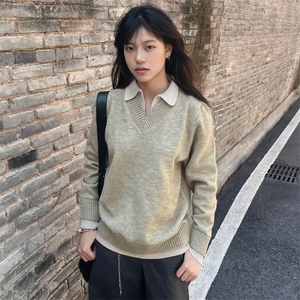 重磅北极绒假两件衬衫领毛衣美式高街复古休闲慵懒纯色翻领针织衫