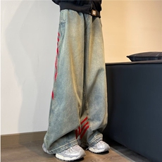 美式高街红色条纹牛仔裤男女2025春秋新款高腰显瘦潮牌阔腿长裤，男装牛仔裤，星座601-1