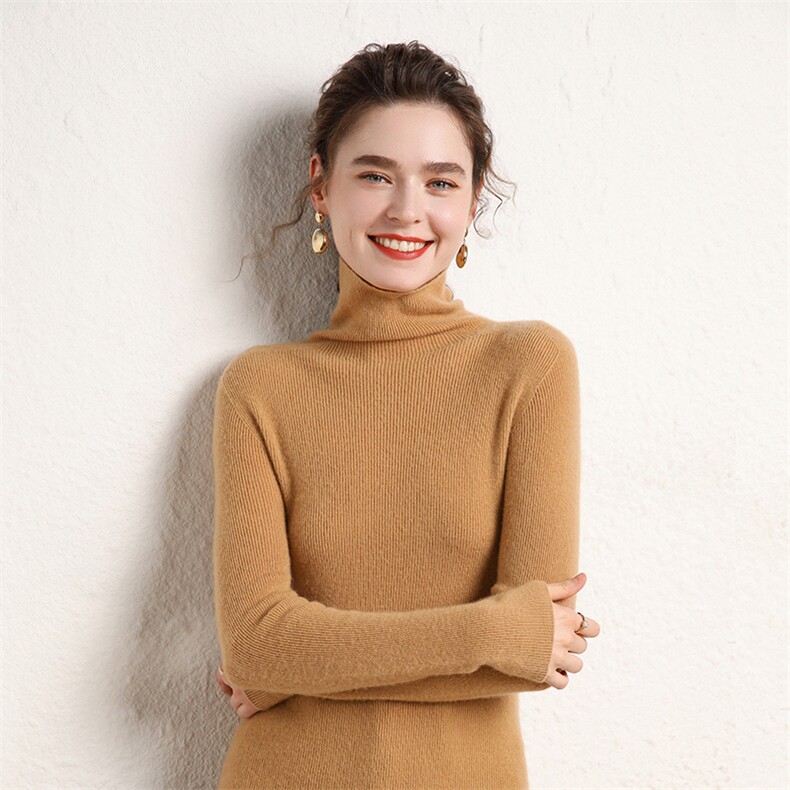 一线成衣纯山羊绒衫女士堆堆领毛衣2024冬新款修身针织打底衫,女装羊绒衫,绒源之鑫