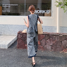 休闲撞色拼接马甲阔腿裤套装女2025夏季新款时尚洋气高级感两件套，女装套装/套裙，浙宝069