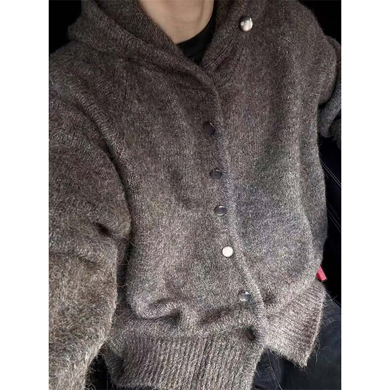 美式复古羊毛混纺连帽开衫毛衣男女款秋冬季老钱风短款针织衫外套,男装针织衫/毛衣,电商B241