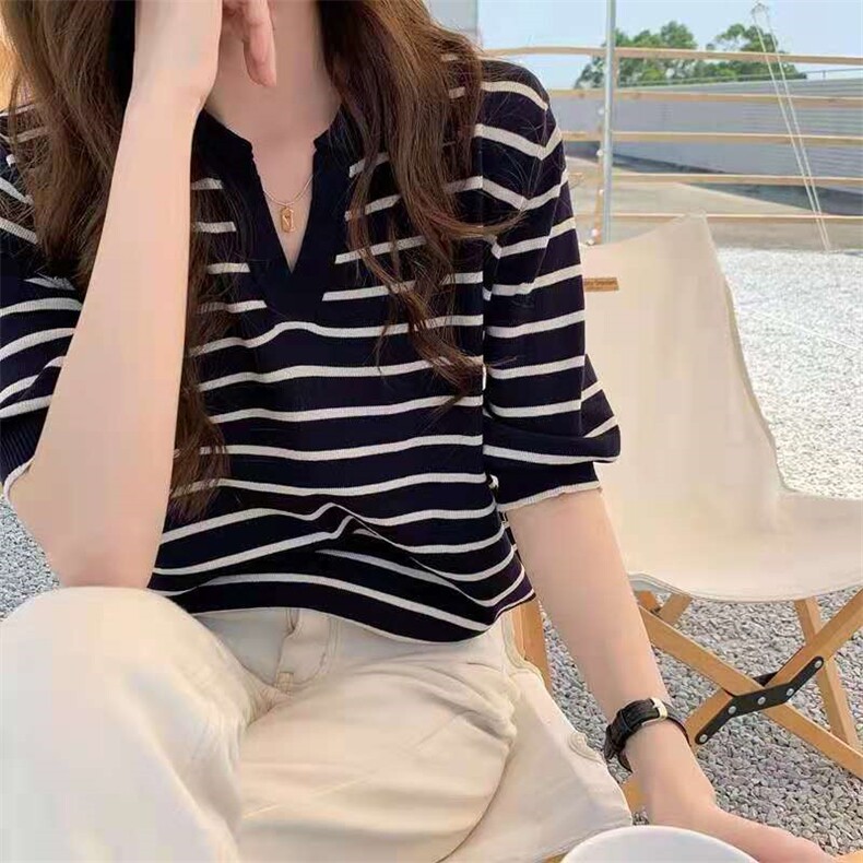 黑白条纹polo简约夏季复古翻领针织衫上衣宽松百搭直筒短袖T恤女,针织衫/毛衣,百色羊绒