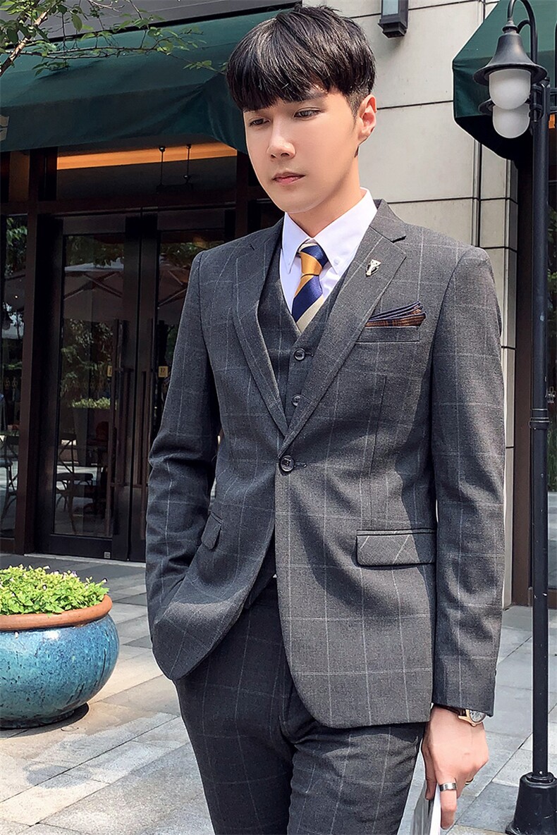 秋冬韩模男英伦西服套装男礼服格子西装三件套A470-TZ15,男装西服套装,电商A207