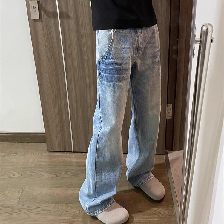 浅色牛仔裤男直筒宽松阔腿美式高街vibe裤子潮牌痞帅百搭休闲长裤,男装牛仔裤,星座813-2