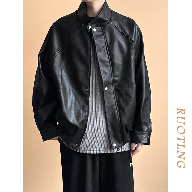 主推现货新款立领皮衣外套男宽松休闲机车皮夹克A351-AP2465-P105,男装夹克,电商A351