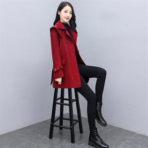 双排扣毛呢外套女中长款2024秋冬装新款女装韩版时尚气质呢大衣图片