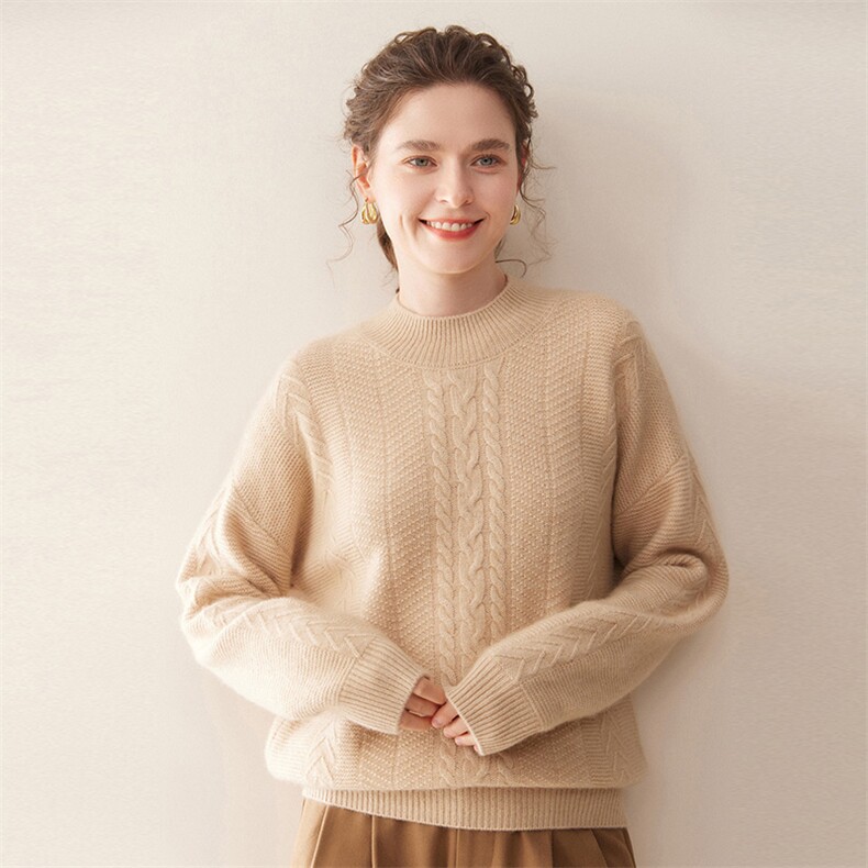 2025秋冬百搭时尚半高领麻花羊绒衫，女装羊绒衫，珍丝贝尔