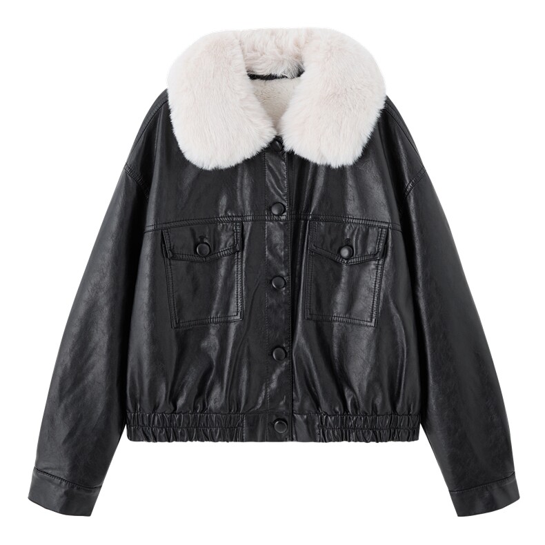 2025冬季新款加绒保暖皮衣外套（毛领可脱卸）,女装皮衣,1C078