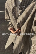 美式复古格子衬衫男高街休闲情侣长袖衬衣宽松上衣C2263-特价P33，男装衬衫，电商A007