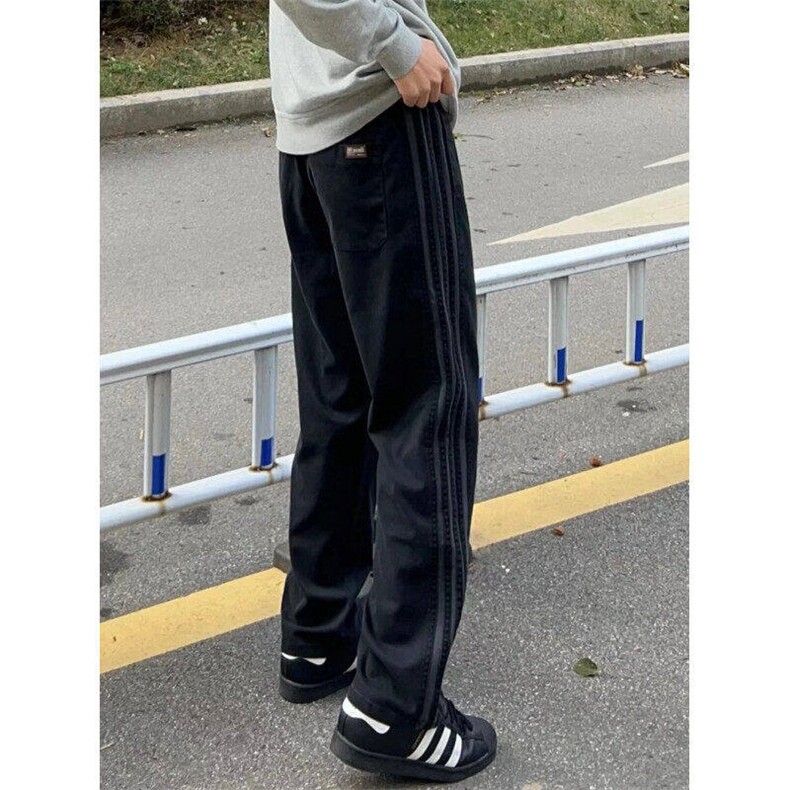 现货新款条纹休闲裤男女美式高街垂感宽松直筒运动裤潮L4539-P36,女装休闲裤,星座1008