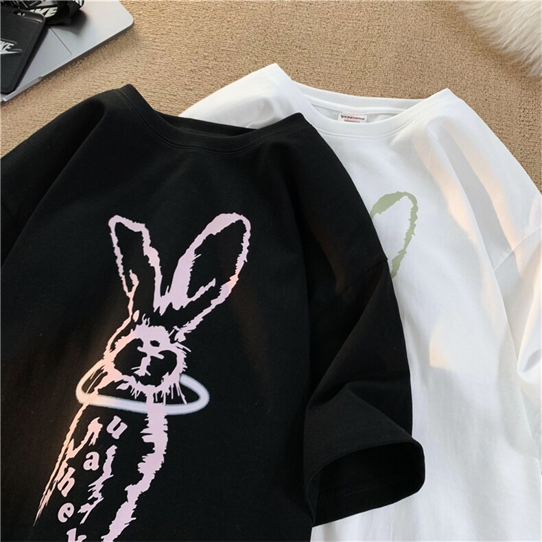 A334-TX25-28夏季宽松休闲设计感小众撞色兔子印花上衣潮，男装T恤，电商B339(原A334）