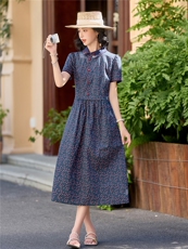 田园风斜领碎花刺绣连衣裙女春夏收腰显瘦中长裙（细节图颜色为），女装连衣裙，水衣源