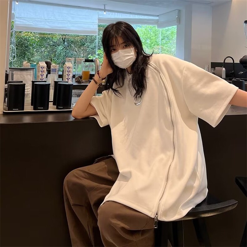 街头潮牌t恤男女高街设计感小众拉链高级感短袖小领口半袖~TX025,男装T恤,星座601-2