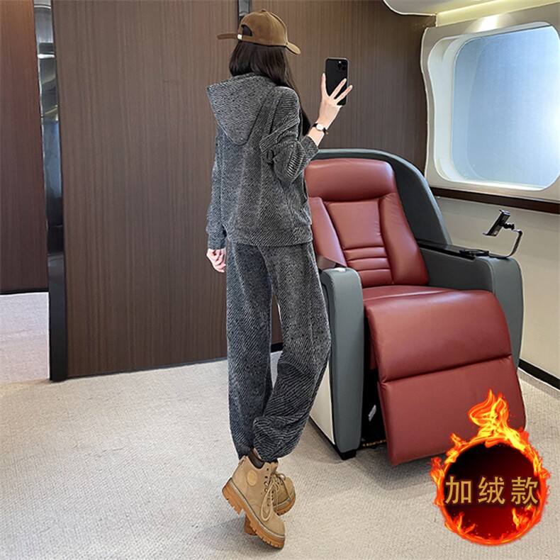 女秋冬时尚黑灰色加绒卫衣卫裤两件套,女装套装/套裙,江南
