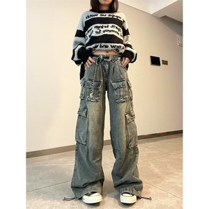 美式口袋工装时髦牛仔裤女2025春夏水洗做旧超酷百搭直筒长裤子图片