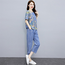 天丝牛仔套装女2024夏新款漂亮上衣宽松显瘦时尚九分裤薄款两件套，女装套装/套裙，魅影