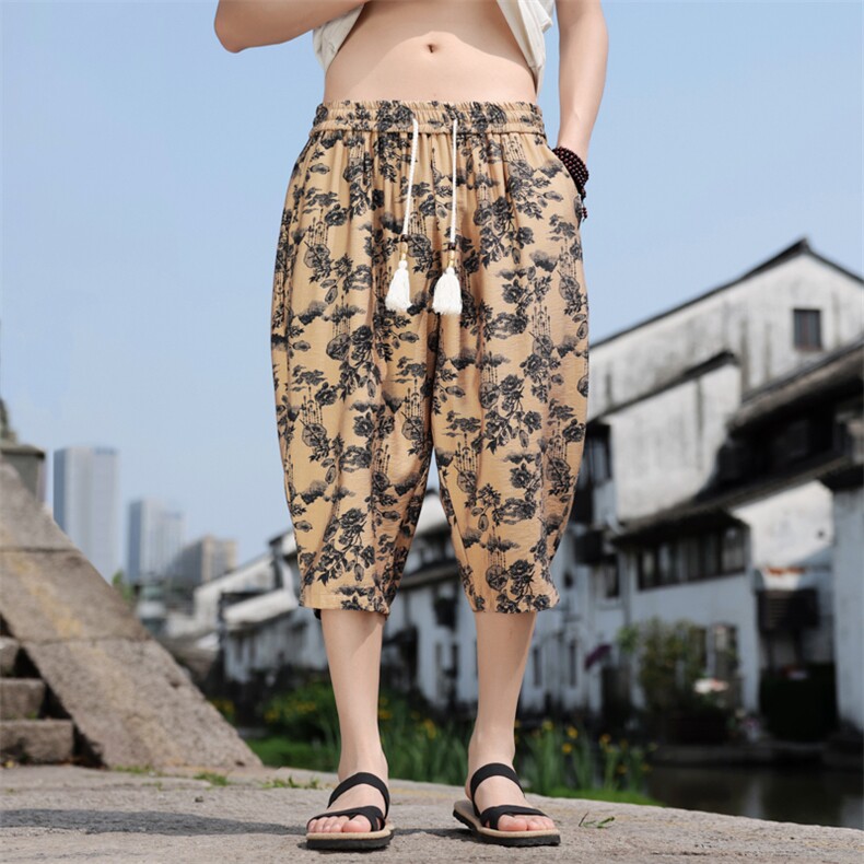 棉麻薄款七分裤男宽松小脚水墨印花风休闲裤A266-1-KZ772-P50,男装牛仔裤,电商A266-1