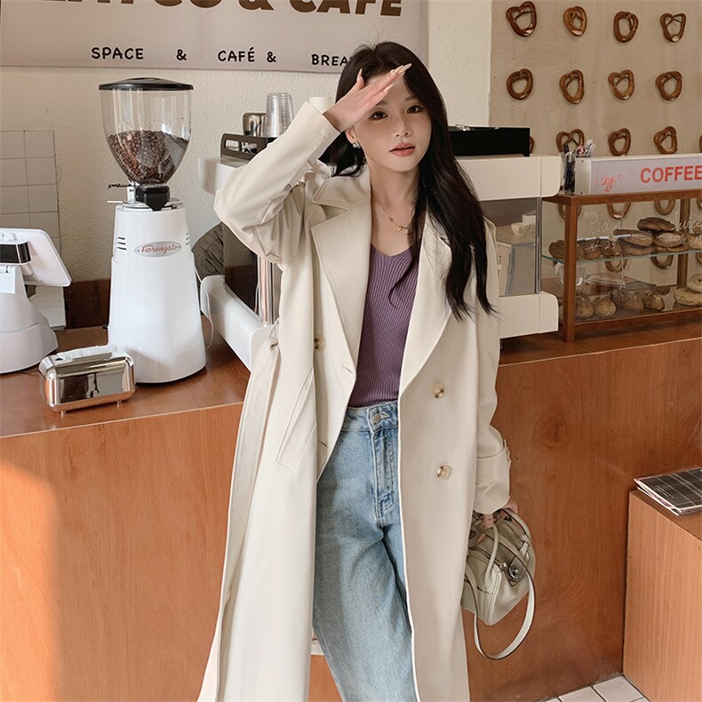 木夕儿女装秋装新款简约时尚气质长袖风衣外套配腰带配袖带米白色，女装风衣，沫晗依美