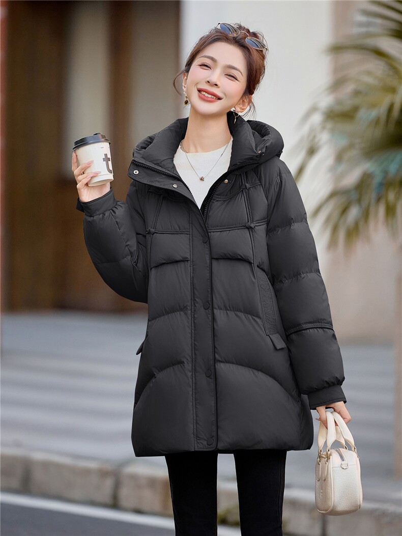 2025新品时尚中长款连帽羽绒服保暖防寒羽绒外套,女装羽绒服,余墨