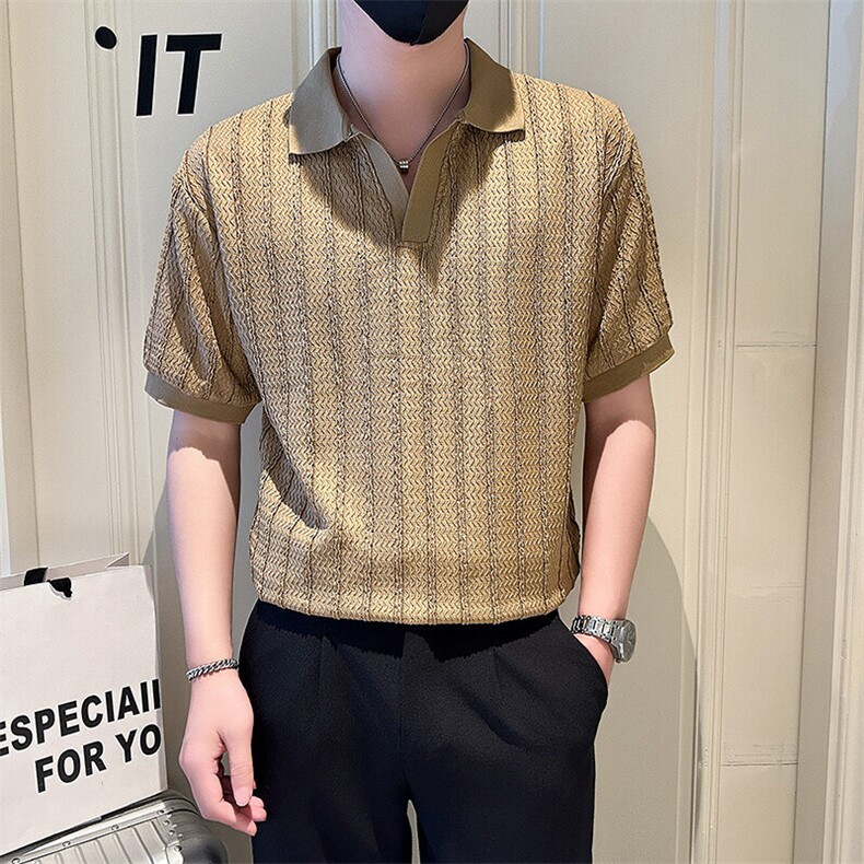 店主风社会小伙男士镂空纯色V领POLO衫男T恤301A-1/PL101/P48,男装T恤,星座301A-1