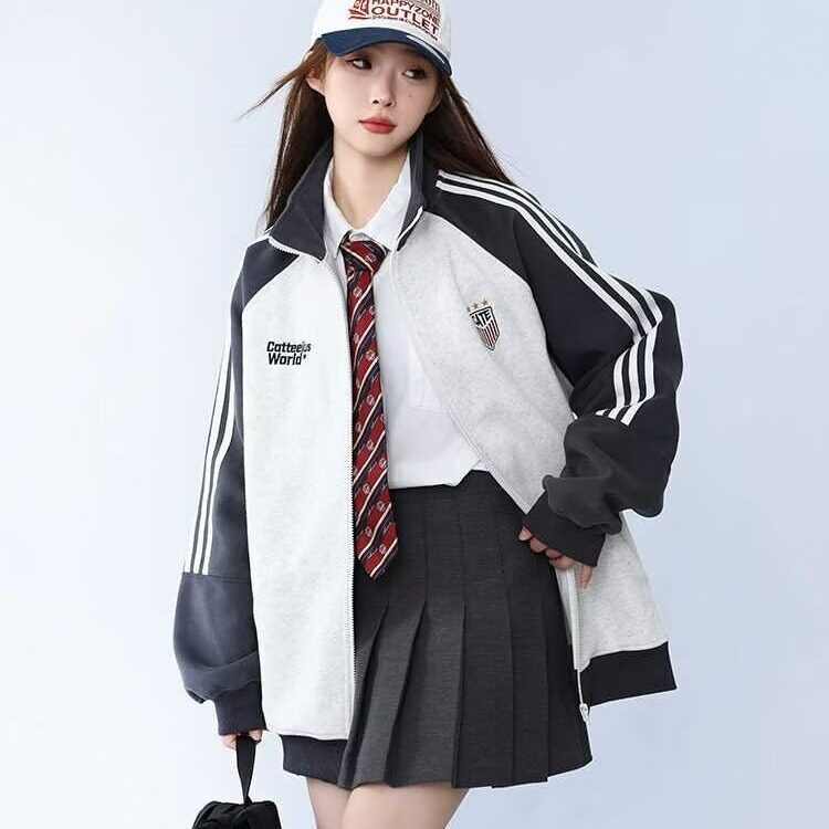 美式三条杠运动夹克男女冬季潮牌拼接撞色情侣外套复古开衫棒球服,男装夹克,星座1210-1