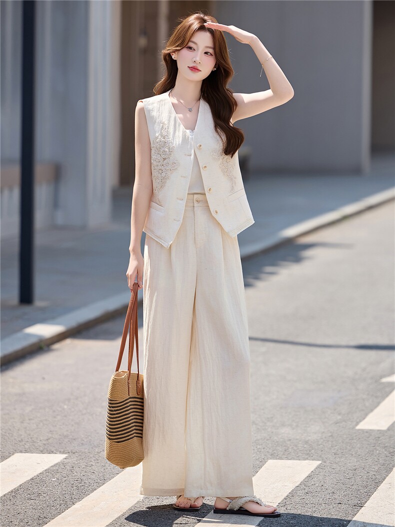 天丝亚麻套装女2026年新款流行无袖上衣阔腿裤巨好看的夏装两件套,女装套装/套裙,意芙