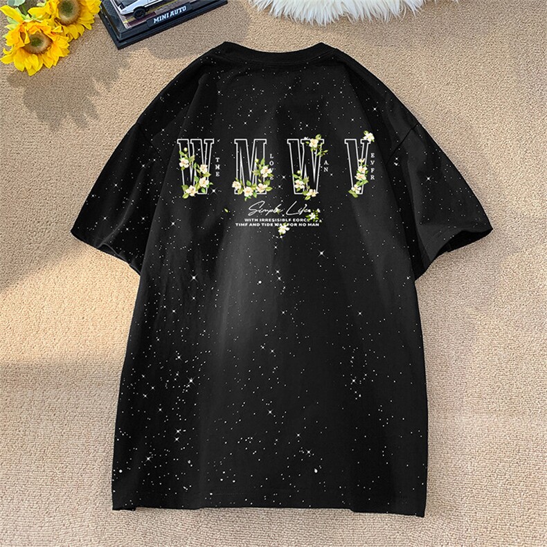 可48小时发货支持抖音得物来样二开 美式满天星亮片短袖T恤MTX641图片