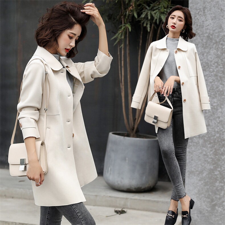 鹿皮绒风衣女中长款春装2025年新款爆款春秋休闲外套女超火高级感，女装风衣，冬木谷雨