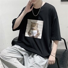 韩系素简监狱猫印花短袖T恤大码宽松男潮517A-1-T916-P28控38，男装T恤，星座517A-1