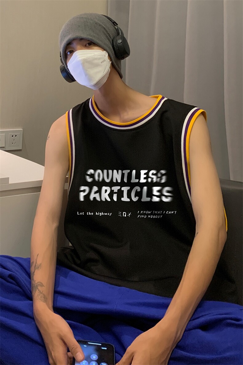 港风纯棉夏季休闲拼色螺纹印花网眼篮球背心男女T6929P35控48,男装背心/马甲,电商A268A