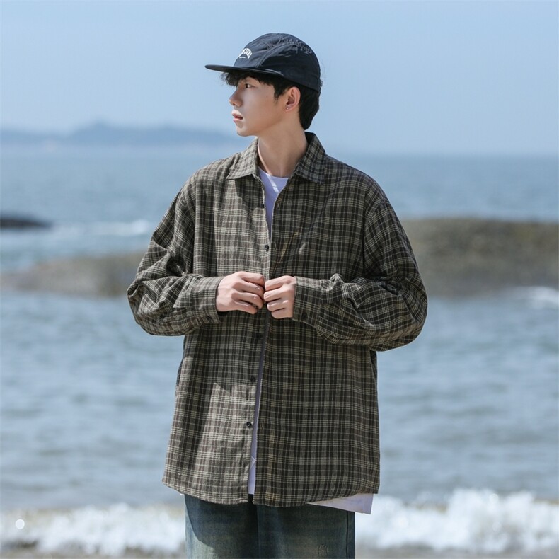 潮流格子衬衫男港风休闲长袖外套青少年男装2377P35,男装衬衫,星座1107-1