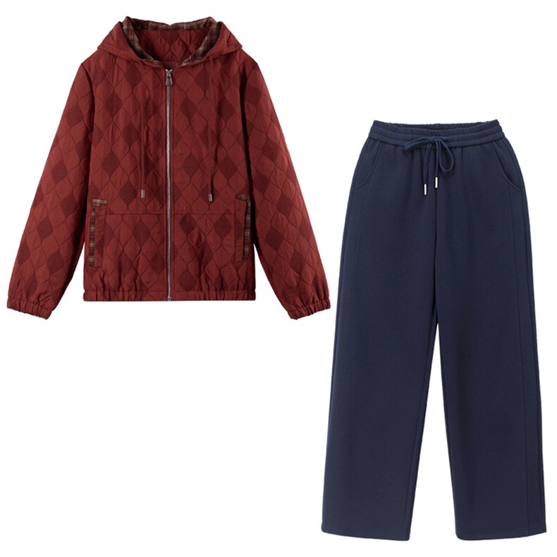 长期现货妈妈春秋早冬夹棉服时尚格子连帽外套短中老年两件套装女,女装套装/套裙,璐依舞