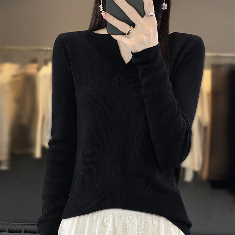 V领6%羊毛针织衫女2024秋季新款内搭打底衫长袖修身显瘦,女装羊毛衫,越洋羊