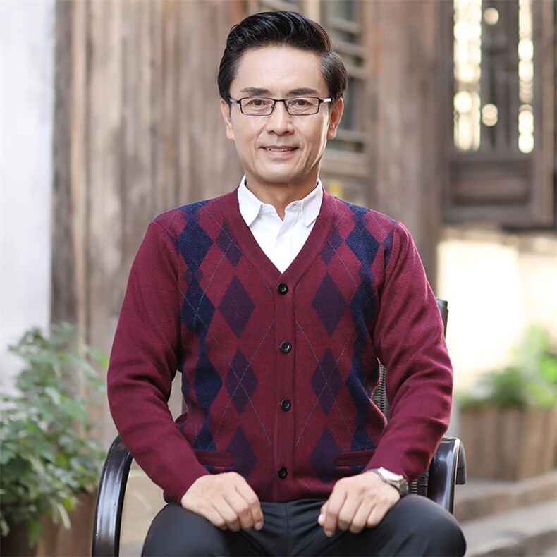 中老年商务休闲V领针织开衫冬季新款加绒加厚保暖毛衣打底衫男装，男装针织衫/毛衣，电商B212（原钱塘6029）