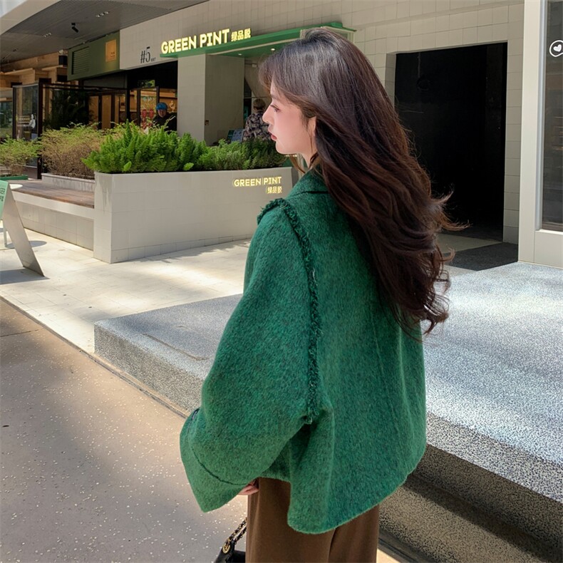 现货早春新款双面羊毛呢流苏宽松休闲街头羊毛外套,女装毛呢外套,SL