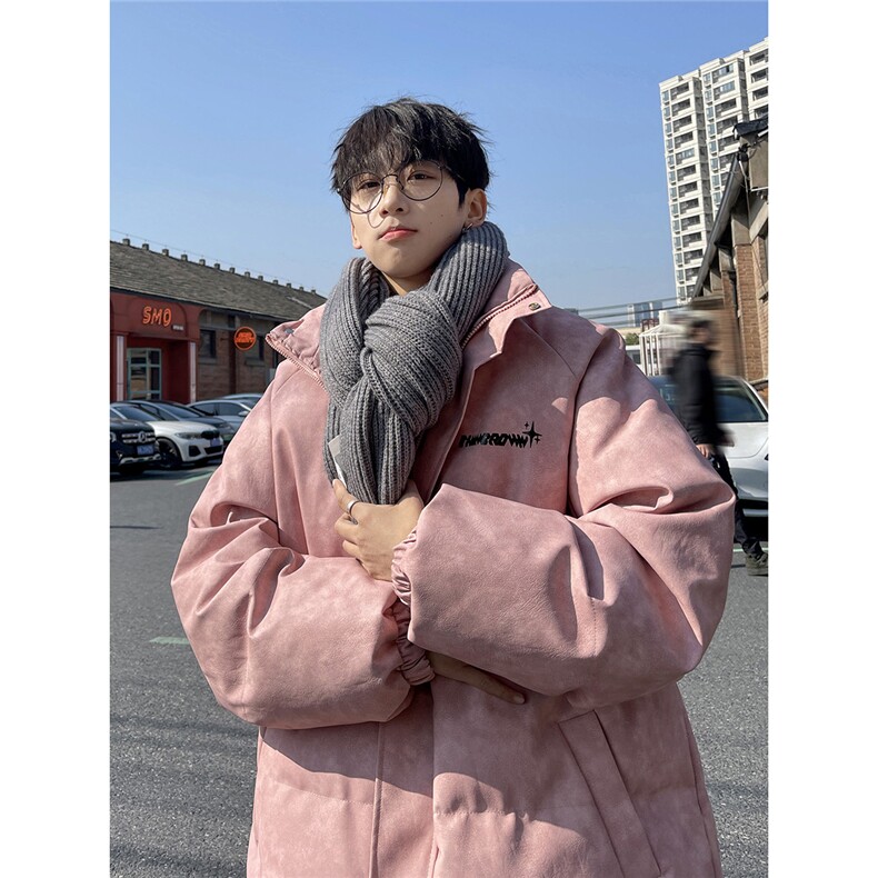 港风立领PU皮复古做旧印花字母图案设计棉衣男MY77719P130控178，男装棉衣，星座227-7