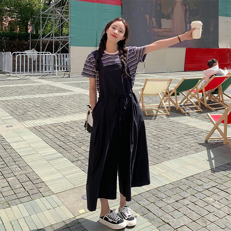 小众设计感纯色连体裙裤韩版休闲宽松收腰阔腿九分裤工装背带裤女,女装连体裤,辉之琳