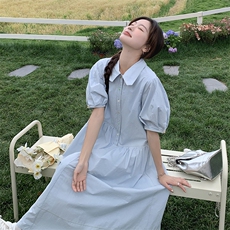 法式甜美减龄泡泡袖连衣裙女2025夏季新款韩版宽松显瘦衬衫长裙子，女装连衣裙，2C372